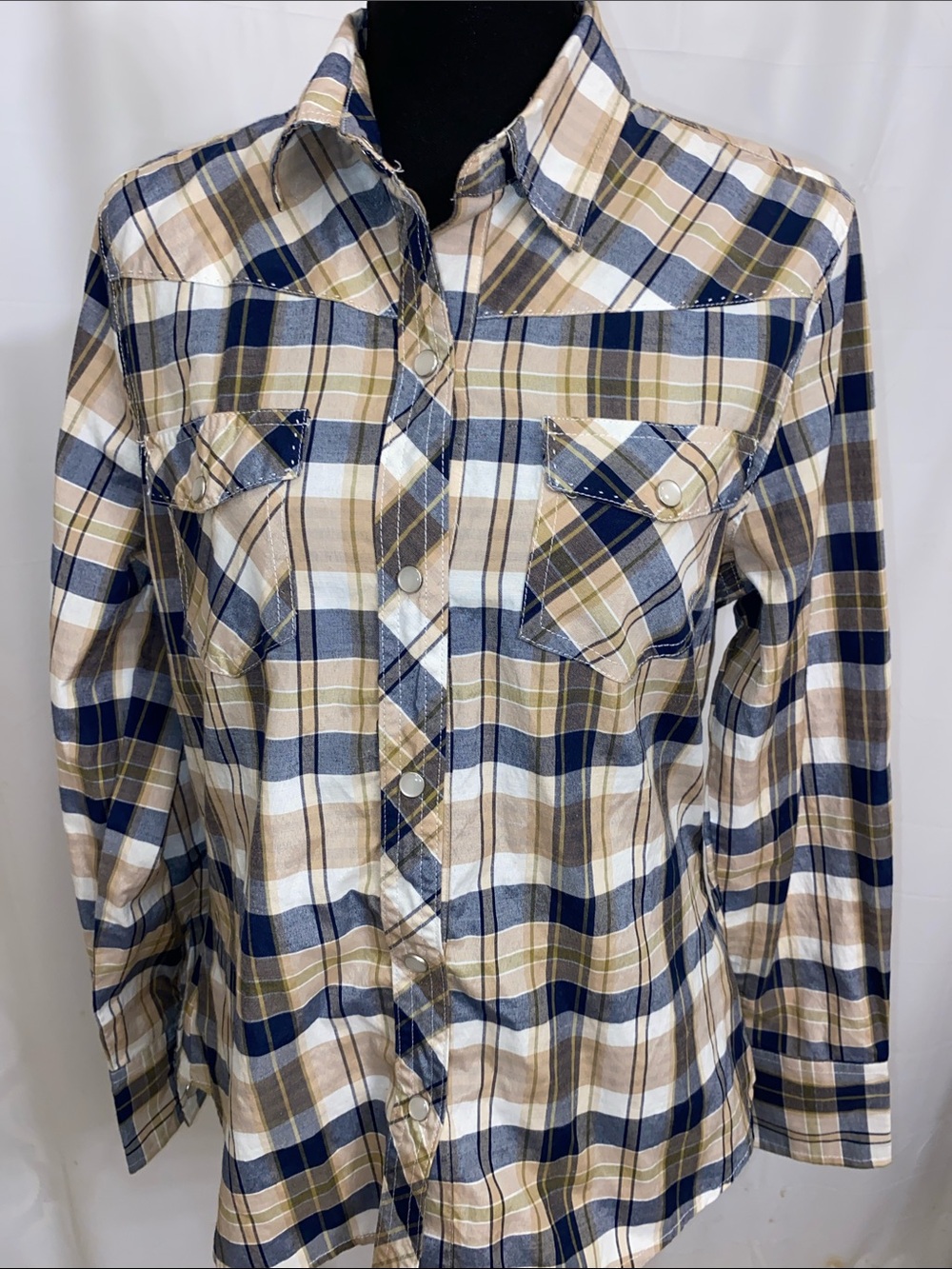 Womens Plaid pearl snap Button-Down Shirt - Navy, Tan & White